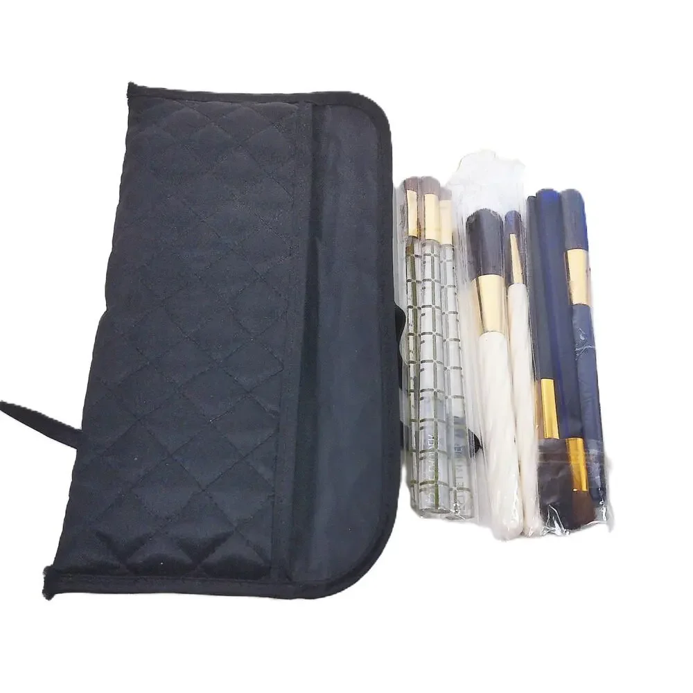 Vintage Estee Lauder Make Up Brush Lot With Pouch 3 Sets Navy White Gold Plaid